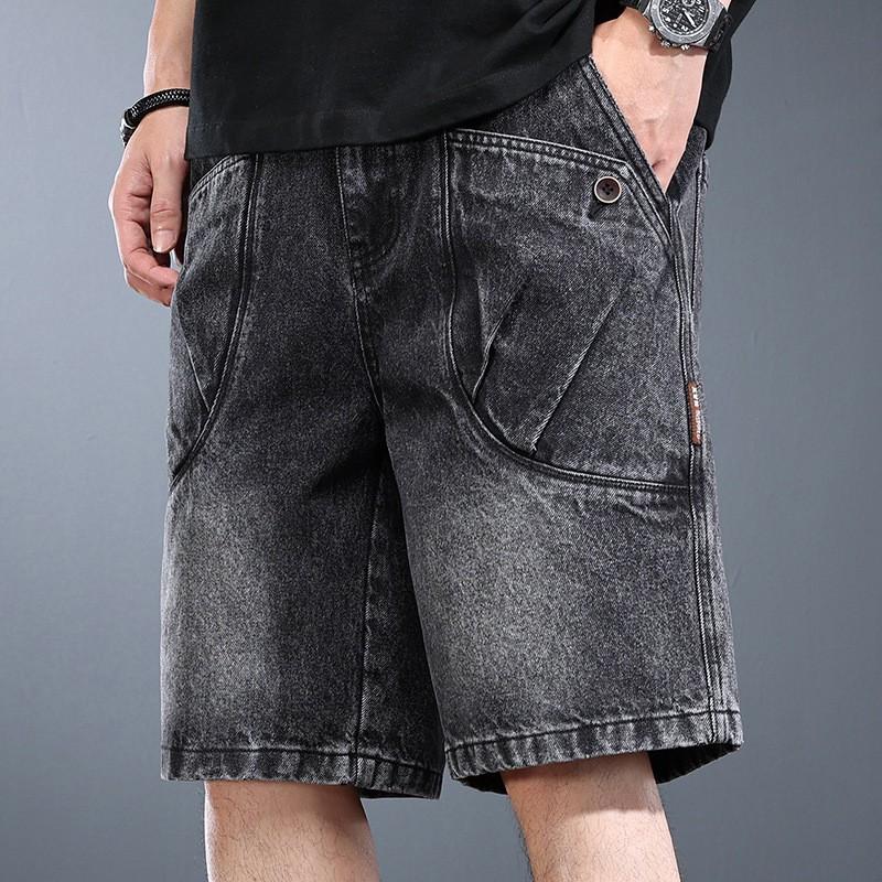Mens Washed Denim Cargo Shorts Loose Fit Streetwear