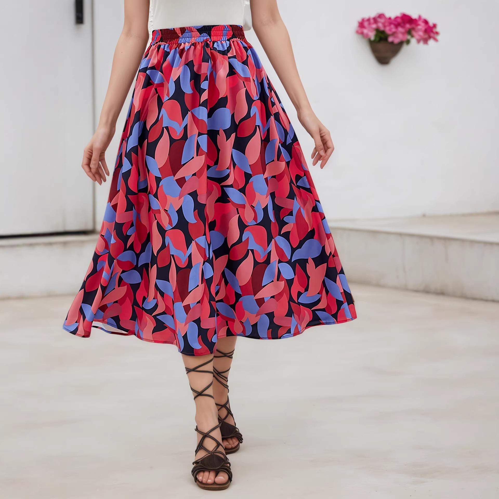 New spot European and American women s clothing spring and summer printing bohemian pleated waist skirt skirt S