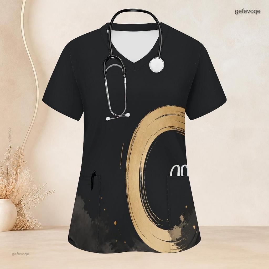 Women Plus Size Black Printed Nurse Scrub Top V Neck Short Sleeve With Front Pockets