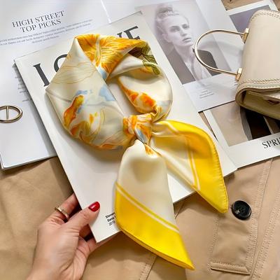Luxusní designový žlutý čtvercový šátek s květinovým potiskem Dámské hedvábné šátky Bandana Hidžáb Nákrčník Šál Ručník Čelenka Foulard