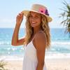 Foldable Flat Top Straw Sun Hat with Frangipani Flower Decoration for Beach Travel