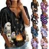 Women Casual Halloween Print V Neck Button Three Quarter Sleeve T Shirt Top Lightweight Comfortable Style