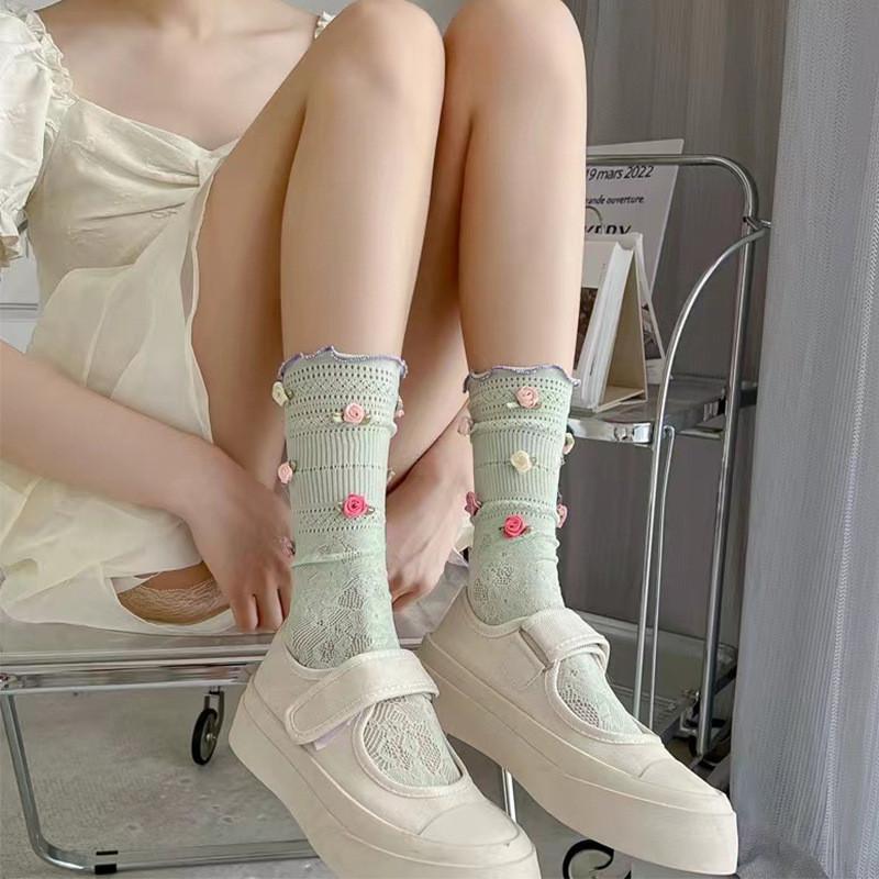French Rose Lace Midcalf Socks With Cotton Material For Girls And Teens