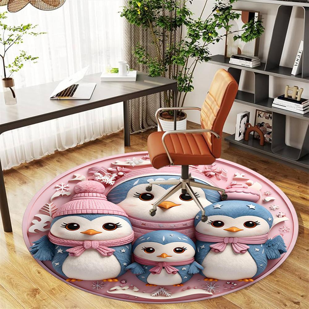 1pc Penguin Family Round Chair mat office Area Rug - Non-Slip, Floor Mat for Office, Bedroom, Ideal home decor gift c0112006