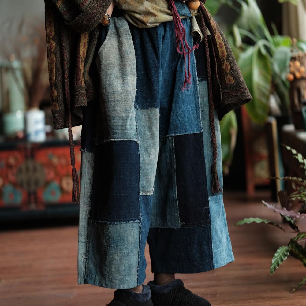 Johnature Women Blue Patchwork Wide Leg Pants Elastic Waist Spring Trousers Loose Vintage Calf Length Pants