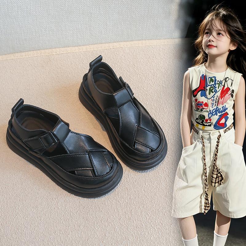 Unisex Closed Leather Sandals For Children New Summer Kids' Thick-Soled Beach Shoes Anti-Slip Simple And Classic