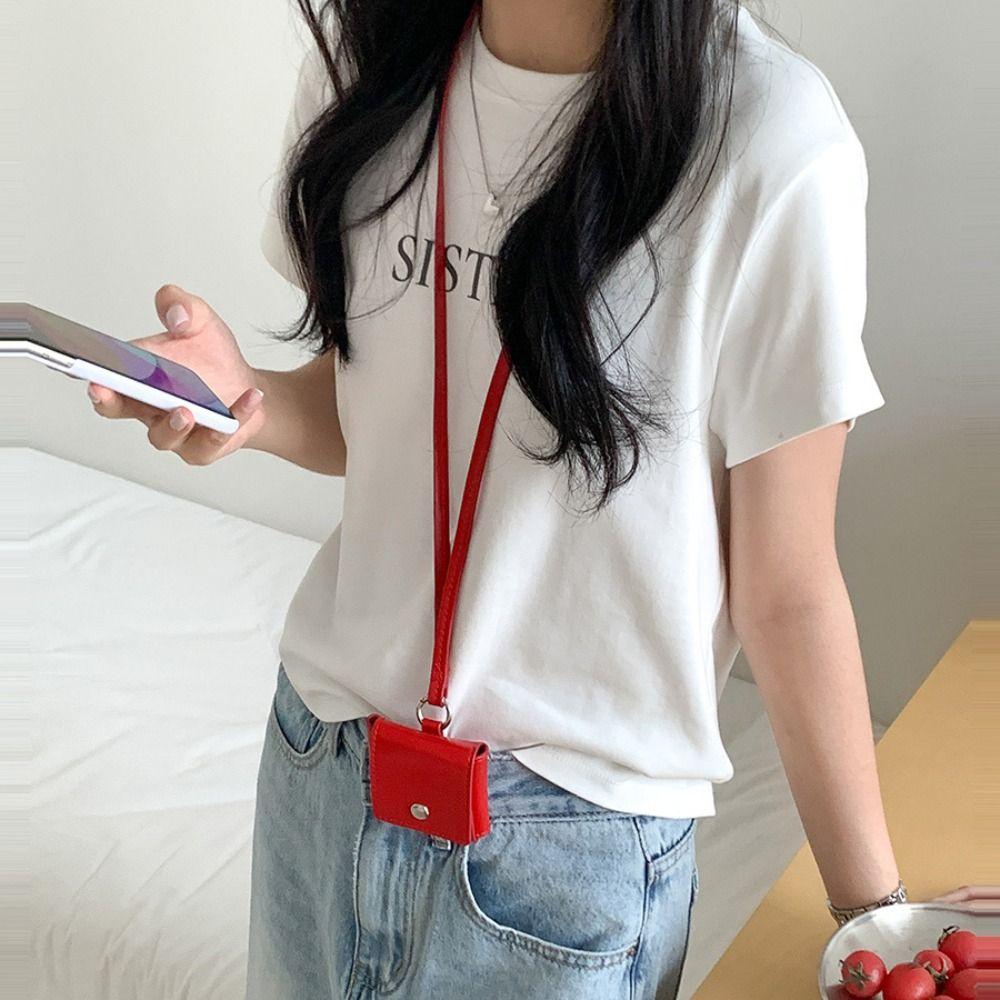 Portable Hanging Neck Headphone Bag PU Leather Small Coin Purse Elegant Lanyard Lipstick Bag Lady