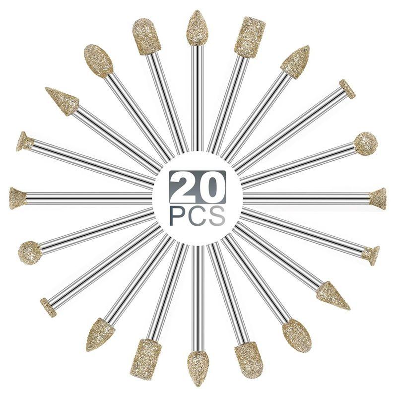 A84X-Rotary Tool Accessories Carving Tools 20Pcs Diamond 60 Grit 1/8 Inch Shank Glass Etchingkit Engraving Pen For Metal,Wood