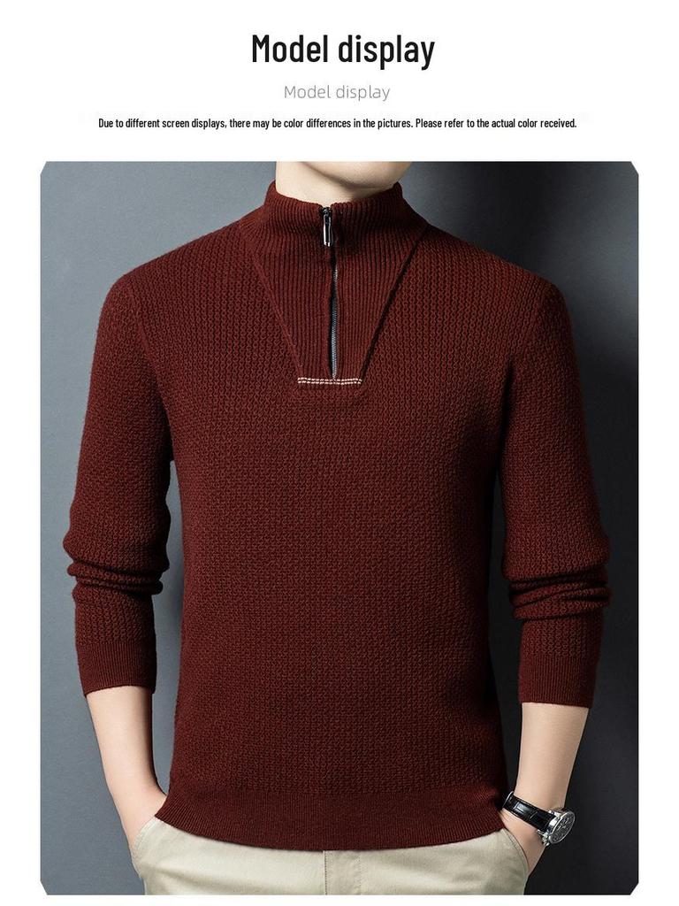 Men's Plus Size Trendy Half-Zip Wool Sweater: Autumn/Winter Fleece Pullover, Warm Casual Knit.