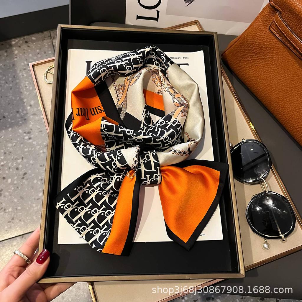 Long Silk Scarf Women's New Small Silk Scarf Printing Simulation Silk Tied Bag Streamer Explosion Sweet Little Scarf