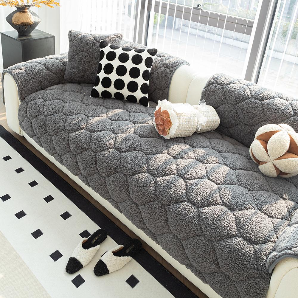 Winter Plush Sofa Cushion Grid Pattern Batted Sofa Pad Non-Slip Home Protection Sofa Cover for Living Room, Office