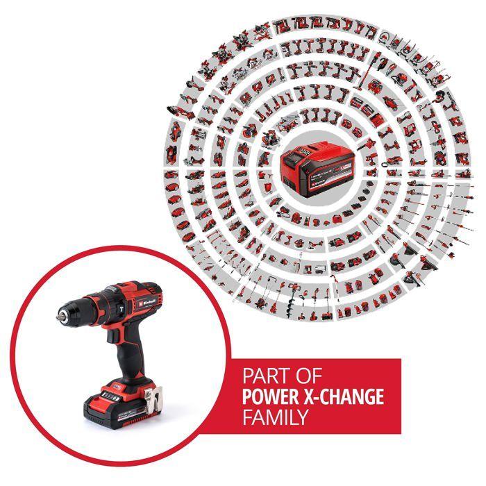 Einhell perceuse visseuse à percussion sans fil te-cd 18/40 li-i + 64 accessoires pxc (18v) livré avec 2 batteries 2ah, chargeur