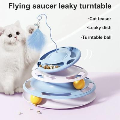 Neues Katzenspielzeug mit UFO-Plattenspieler, Haustier-Puzzle, interaktives Futterleck-Spielbrett, Federspielzeug für den Innenbereich, Katzenspur, lindern Langeweile, Futterspender