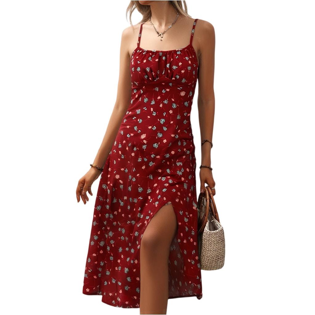 Women Summer Floral Midi Dresses Casual Spaghetti Strap Sleeveless Ruched Split Slit Long Dresses