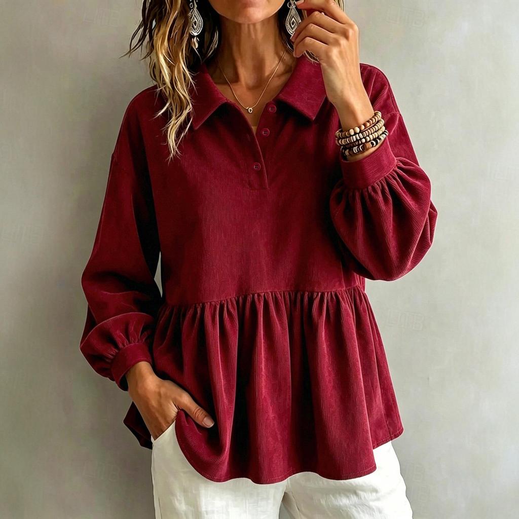 Women's Corduroy Doll Shirt with Lantern Sleeves and Waist-Cinching Design
