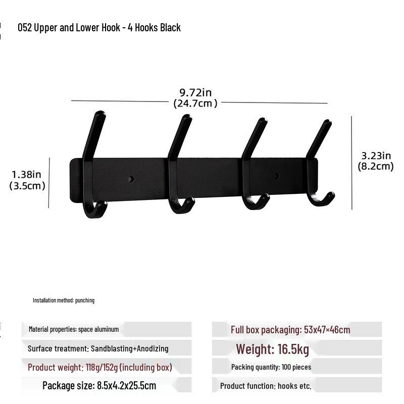 Wall-Mounted Black Aluminum Clothes Hook Rack