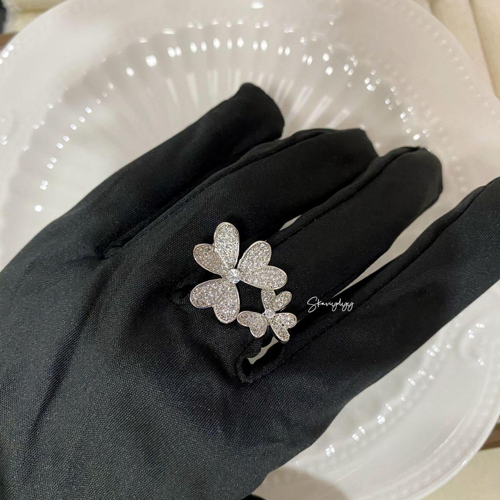 Luxury Double Clover Heart Diamond Adjustable Ring