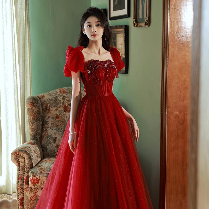 Toast Bride New Summer Red Engagement Dress Dress Heavy Handmade Return Dress Small Evening Dress
