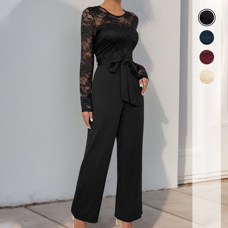 Fashion Women Jumpsuit Ladies Clothes Lace Stitching Zip-up Lace up Jumpsuit