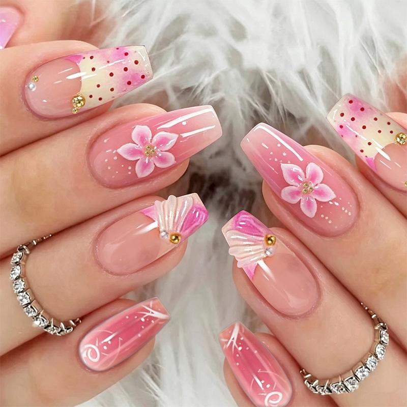 3D Three-dimensional Wearable Nails Pink Gradient Flower Polka Dot Manicure French Shell Dot Diamond Wearable Nails