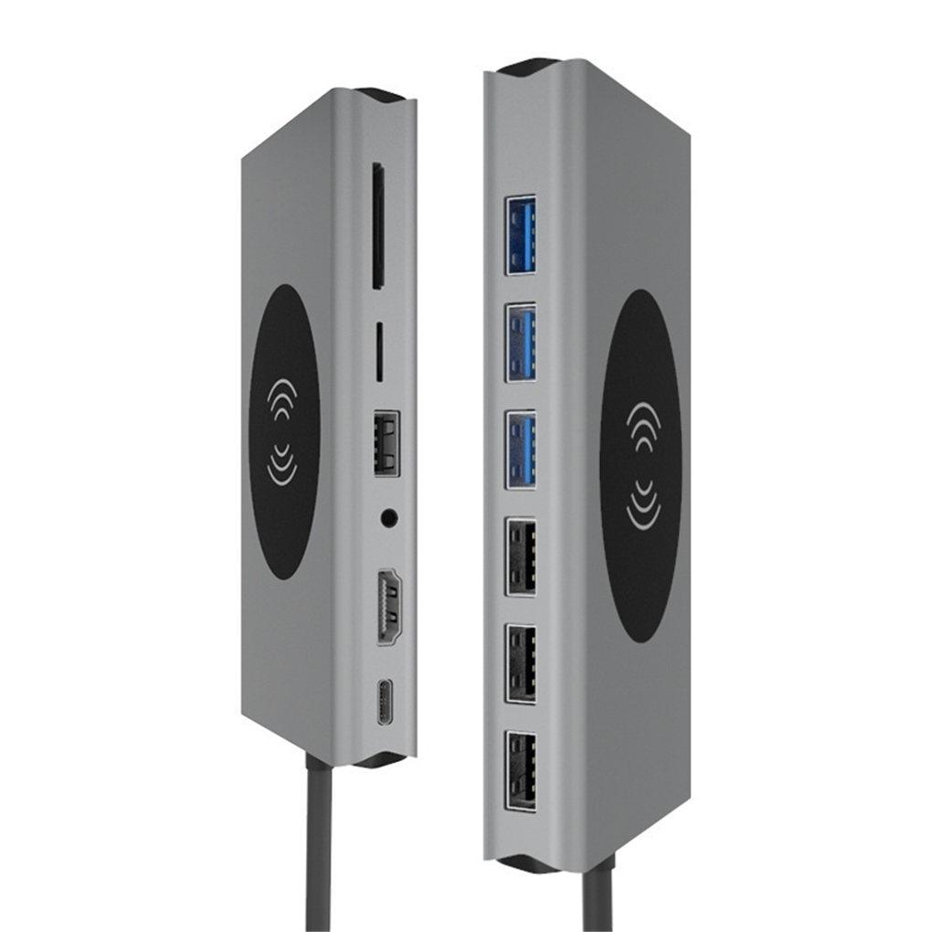 USB-C хаб-адаптер 15/14/13 в 1, многопортовый, с 4K HD, беспроводной зарядкой, док-станция Type-C, кардридер 5 Вт / 7,5 Вт / 10 Вт