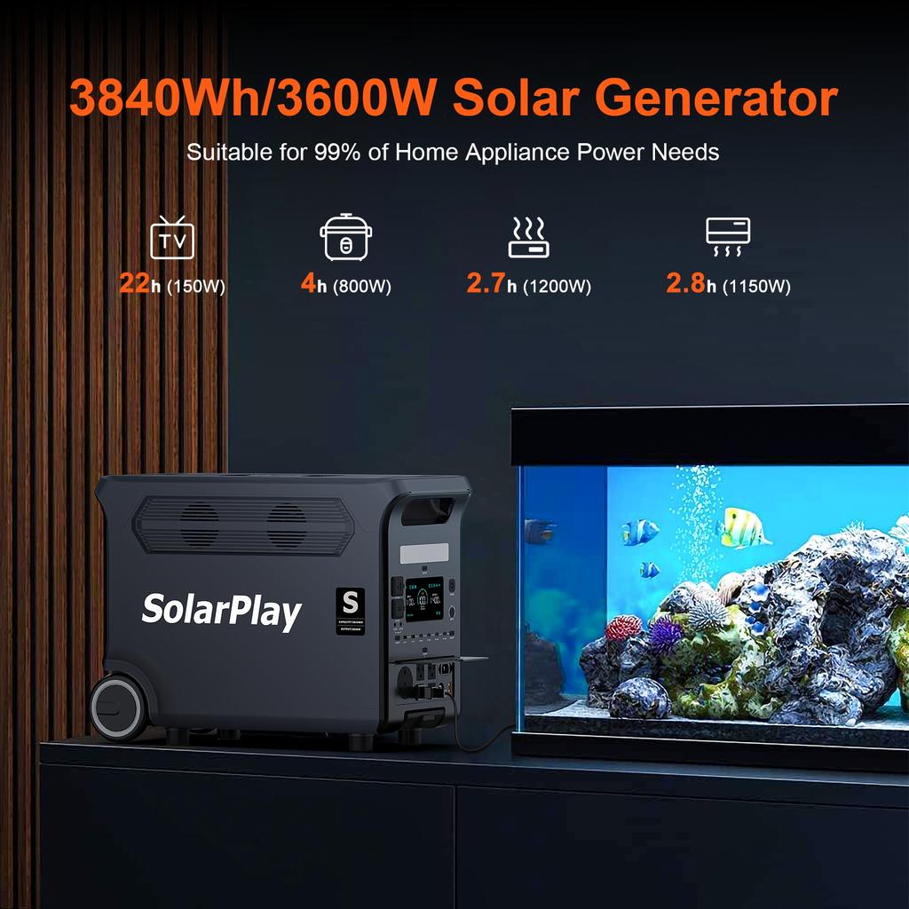 SolarPlay 3600W Portable Power Station 3840Wh LiFePO4 4000+ Cycles 2000W Solar Input 1.5H Fast Charge UPS 15 Ports