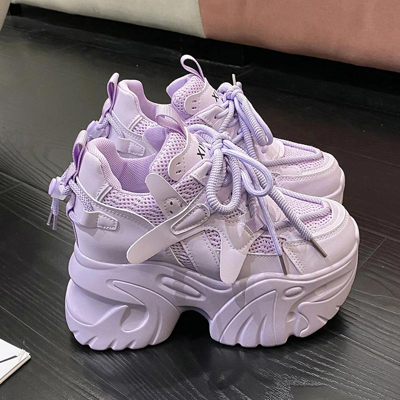 Fashion 9.5cm Autumn Spring Chunky Sneakers Women Lace Up Non-slip Platform Sports Shoes Thick Bottom Shoes Female Heels Casual Sneakers