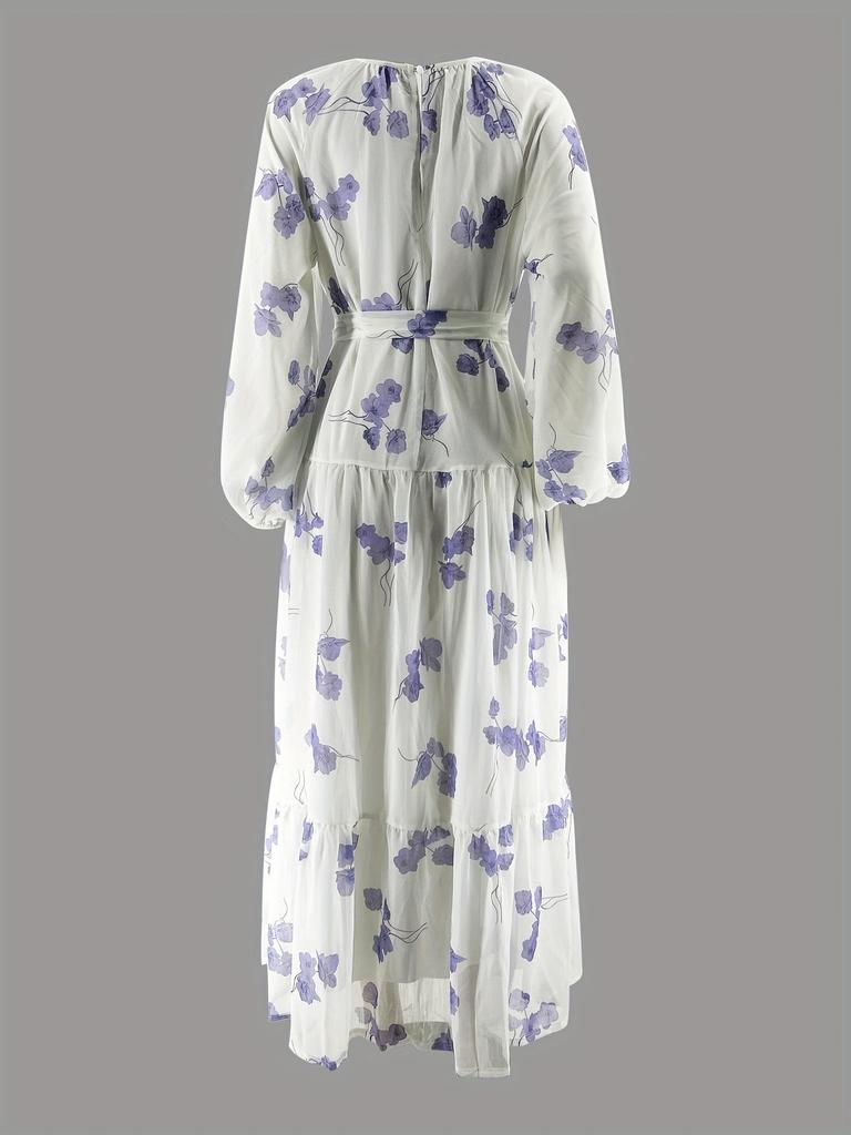 Elegantes Damen-Chiffon-Maxikleid mit Blumenmuster und Gürtel - Rundhalsausschnitt, Urlaubsstil