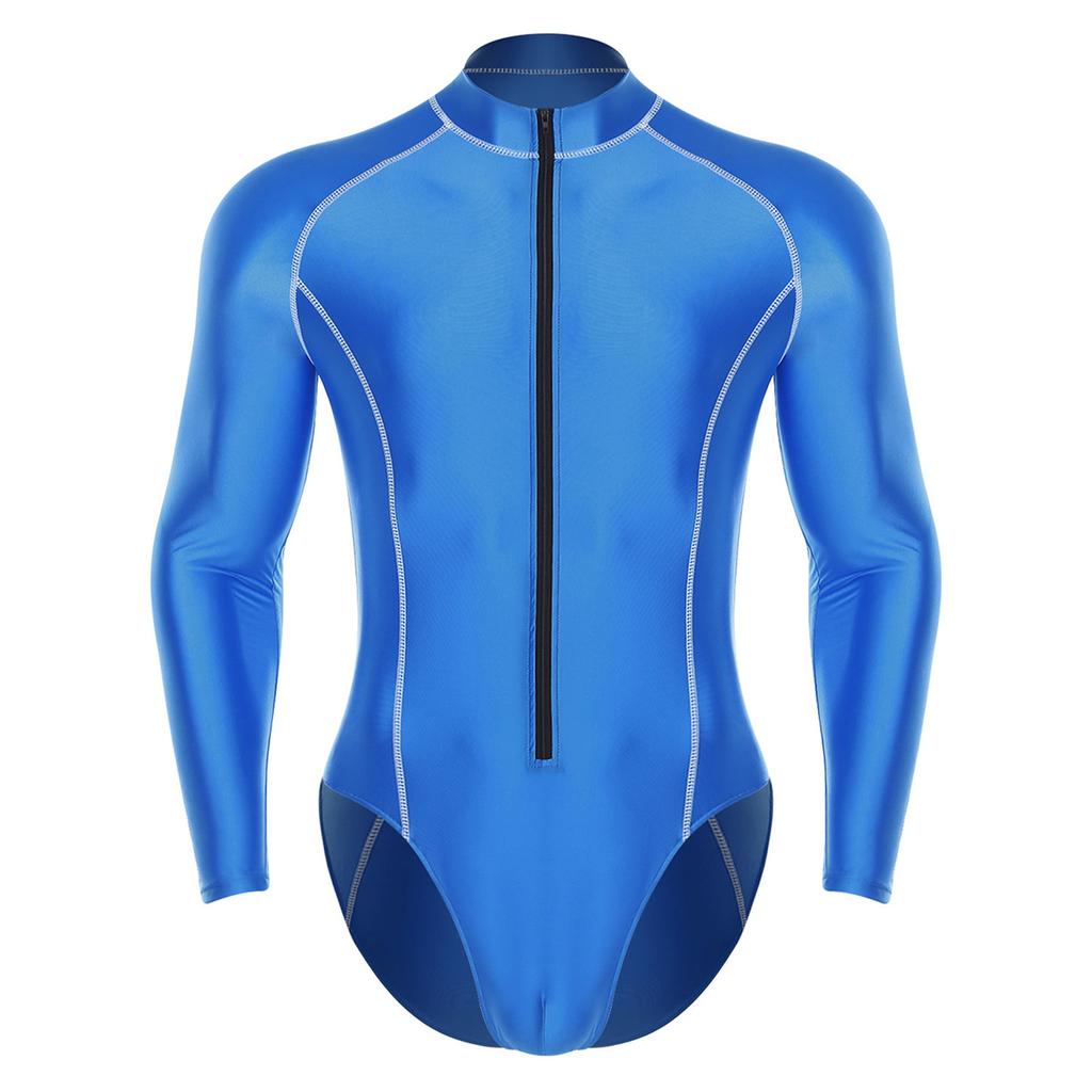 #M-4XL Mens Glossy Bodysuit Mock Neck Long Sleeve Front Zipper Leotard Jumpsuit Rash Guard for Beach Surfing Swimming Workout