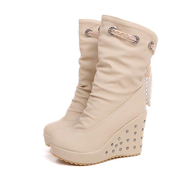 European and American fashion short boots wedge heel high heel women's boots sweet lace belt lady shoes trick