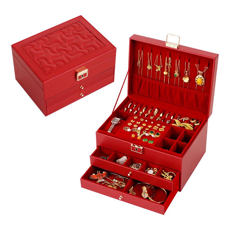 Multilayer Leather Wedding Jewelry Storage Box with Drawers for Necklaces and Rings