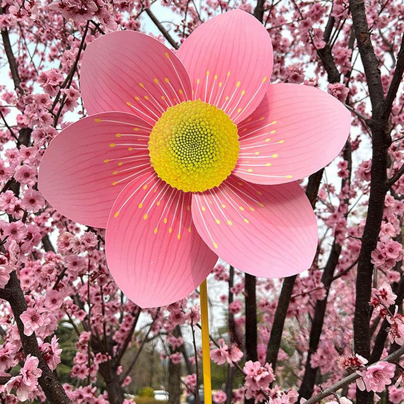 1x Pink Cherry Blossom Windmill Stake Standing Lawn Cherry Flower Pinwheel Rotating Peach Blossom Wind Spinner Garden Decoration