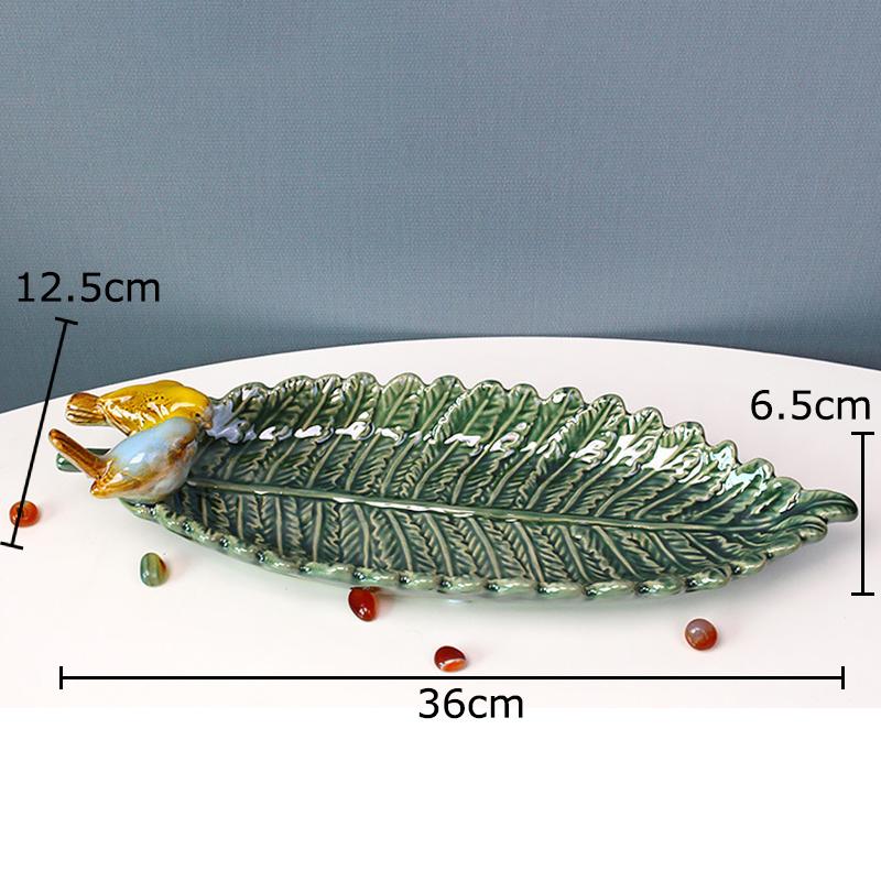 Green Leaf Ceramic Fruit Plate Painted Birds Decorative Trays Snacks Nuts Plate Dinner Table Fruits Bowl Candy Storage Tray