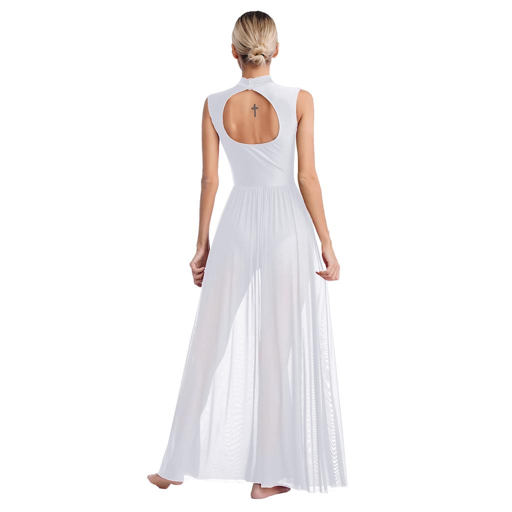Womens Shiny Rhinestone Lyrical Dance Dress Mock Neck Sleeveless Open Back Twist Front Sheer Mesh Overlay Leotard