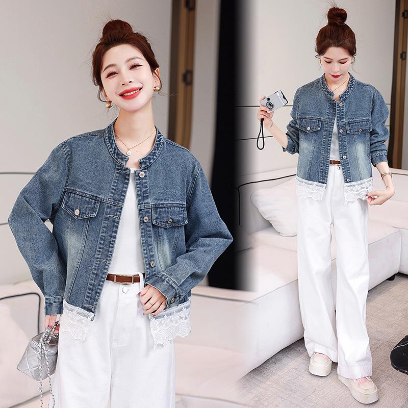 2025 Spring Women's Denim Jacket with Lace Patchwork and Stand Collar, Model OU6783