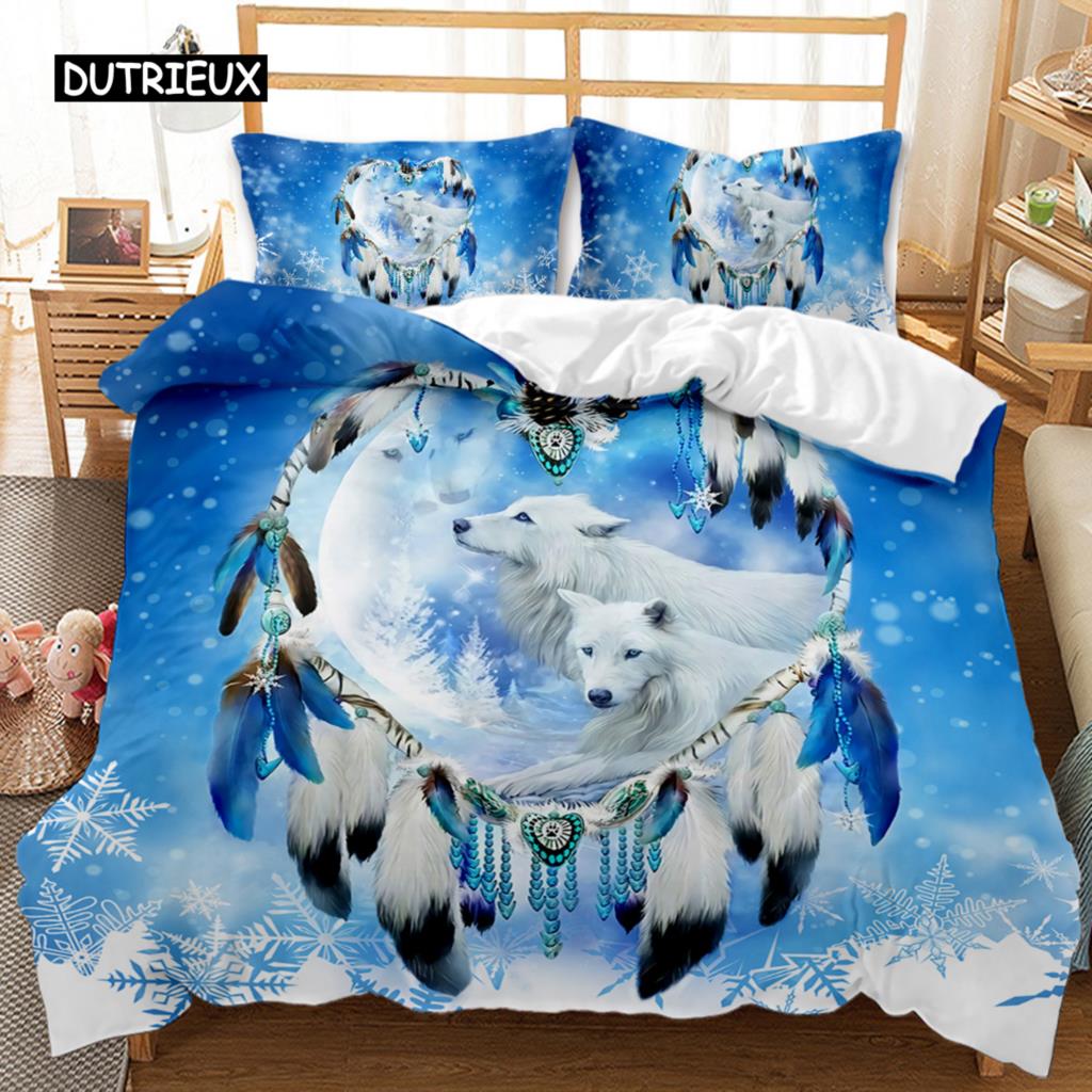 Dream Catcher Duvet Cover Set White Horse Forest Dream Catcher Blue Bedding Set Double Queen King Size Polyester Qulit Cover Tool