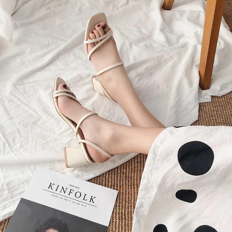 Women Sandals Ladies Square Heels Elegant Summer Slippers Outside Cross Tied Leather Female Slides 2024 Fashion Woman Sandals