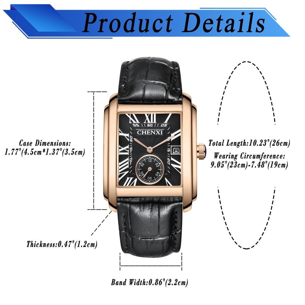 JewelryWe Men's Leather Belt Square Watch Calendar Antique Style Roman Analog Display 3ATM Waterproof Quartz Black Business Casual Fashion Accessory