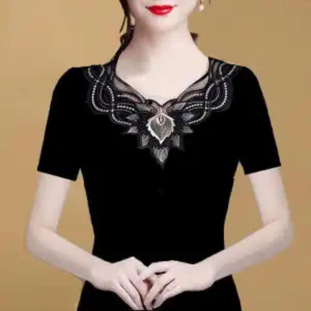 Elegant Black & Golden Floral Lace Beaded Embroidery Blouse Sheer Short Sleeve Fitted Summer Top for Women