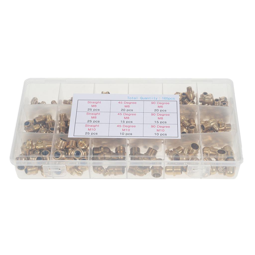 Straight and 90 Degree and 45 Degree Copper Zerk Grease Nipple Fittings Assortment Kit Metric M6 M8 M10   165Pcs