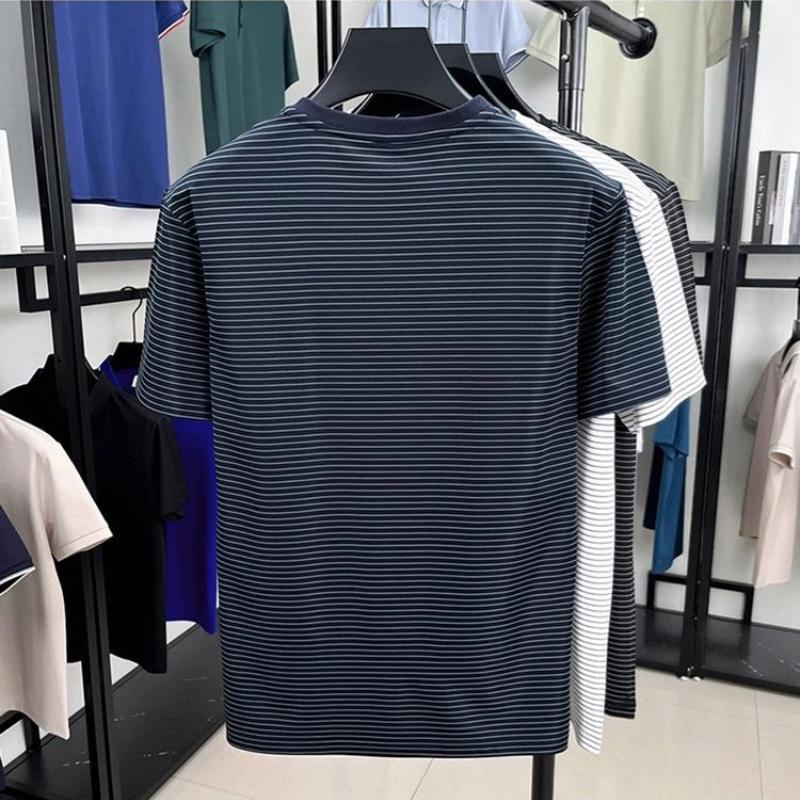 Men Summer Lightweight Breathable Ice Silk Short Sleeve T-shirt Casual Trendy Striped Design