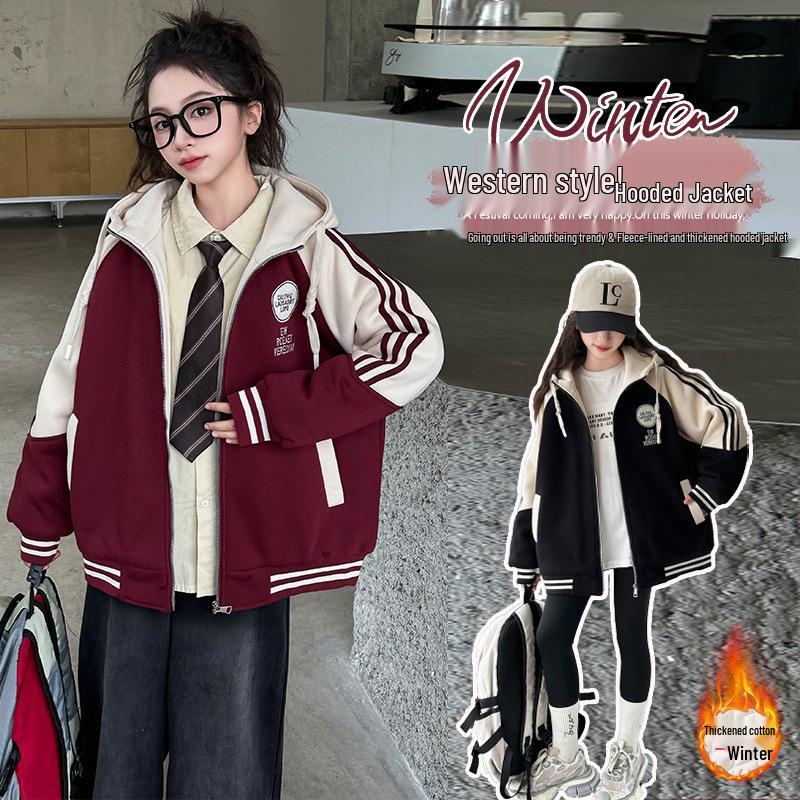 Girls' Winter Casual Coat 2025: Trendy Zip-Up with Round Logo, Thickened for Warmth