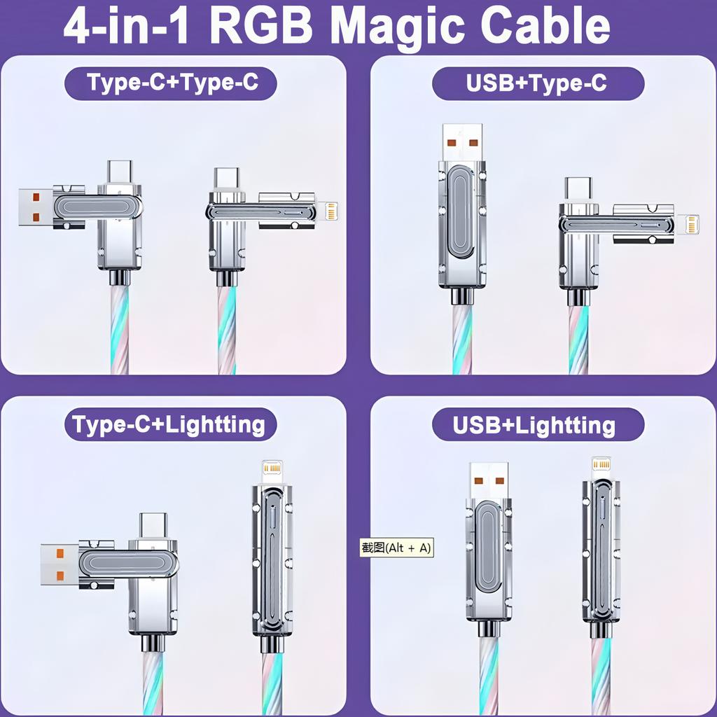 4 in 1 USB Type C Charger Cord,1M Fast Charging RGB Cable 240W Starlight Mech Data Cable,For iPhone16-8 Samsung Xiaomi Huawei