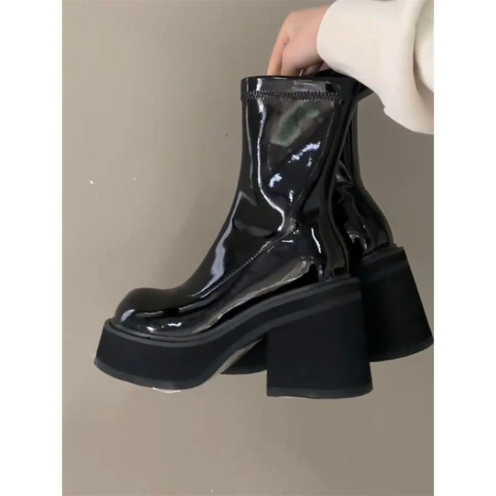 Waterproof table glossy short tube thin boots autumn and winter muffin thick sole new thick heel heightened elastic black Martin boots women