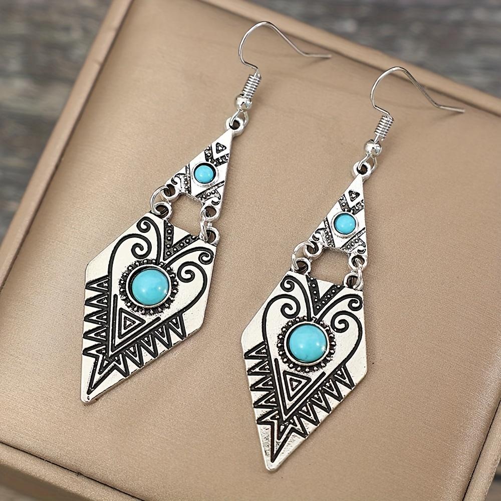 Vintage Bohemian Creative Geometric Rhombus Synthetic Turquoise Handmade Earrings, Alloy Female Wedding Couple Holiday Zircon