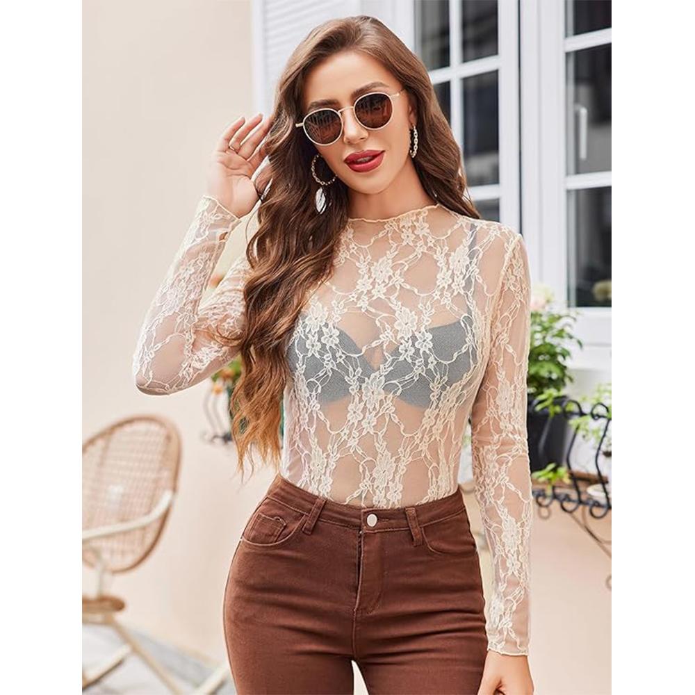 Women's Mesh Top Long Sleeve Mock Neck Sheer Blouse See Through Floral Lace Tops