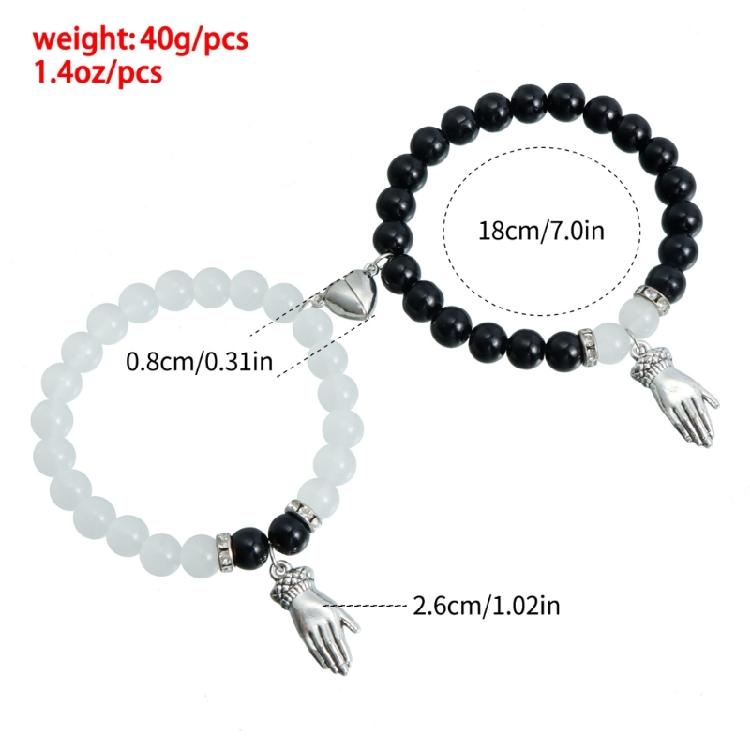 2Pieces Elegant Crystal Bead Bracelet Magnetic Clasp Handchain for Couples Adjustable Matching Wristbands Accessory