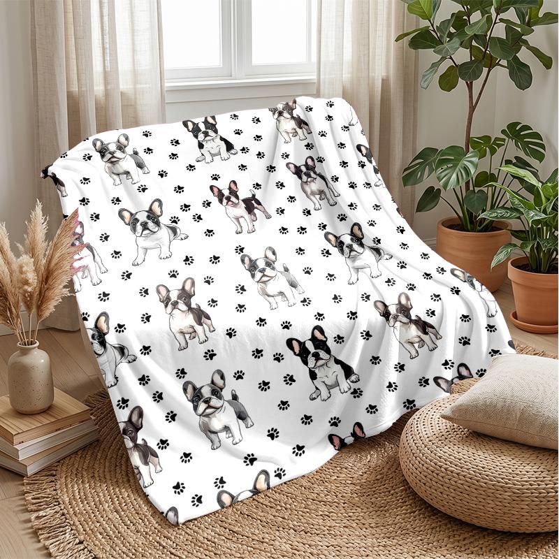 French Bulldog Pattern with Bones Hearts Theme blanket Lightweight Warm Flannel Blanket Decorative Throw Blanket for Home Decoration
