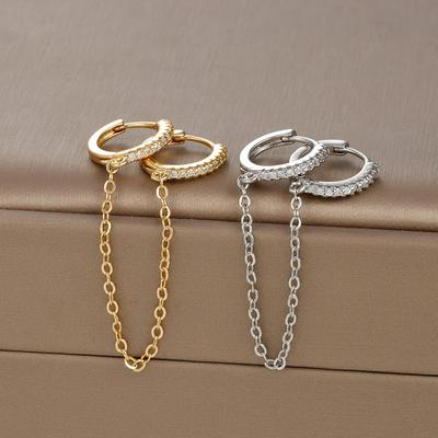 Korean Stainless Steel Link Chain Drop Earrings For Women Shiny Cubic Zircon Tassel Piercing Earring Bridal Wedding Jewelry