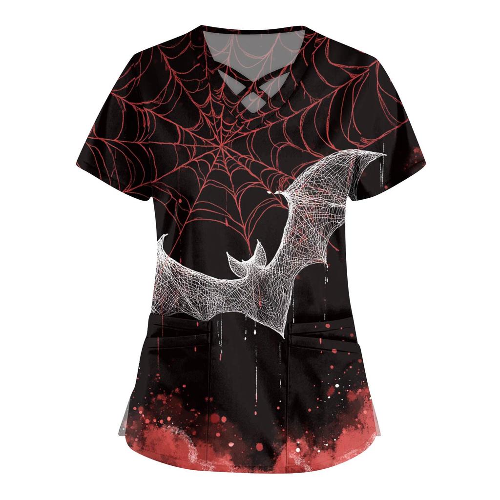 Women's Fashion  V-Neck Short Sleeve Overalls Double Pocket Halloween Printed Tops  Apparel